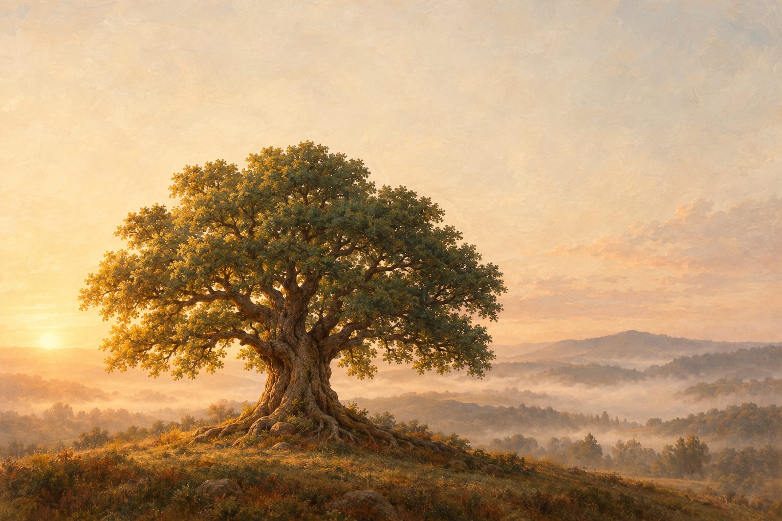 A large tree in morning light over a wide landscape, a symbol for growth and self-knowledge